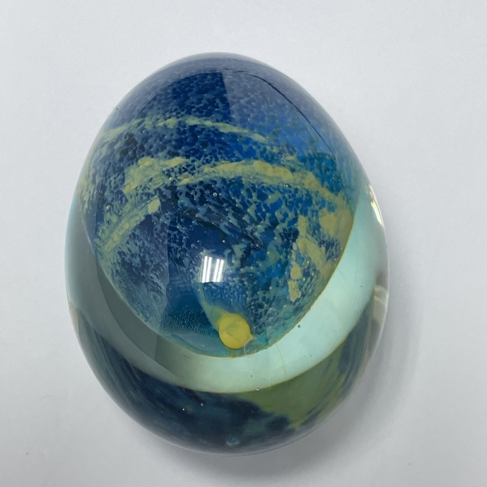 vintage Mdina Art Glass Paperweigth Maltese Blue Gold sea sand 3''x2'' no sign